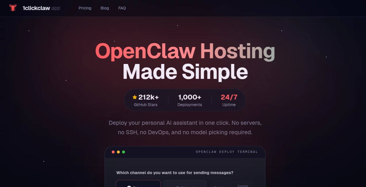 Screenshot of 1ClickClaw – An AI tool in the ,AI Developer Tools ,AI Chatbot ,AI Productivity Tools ,AI Workflow Management  category, showcasing its interface and key features.