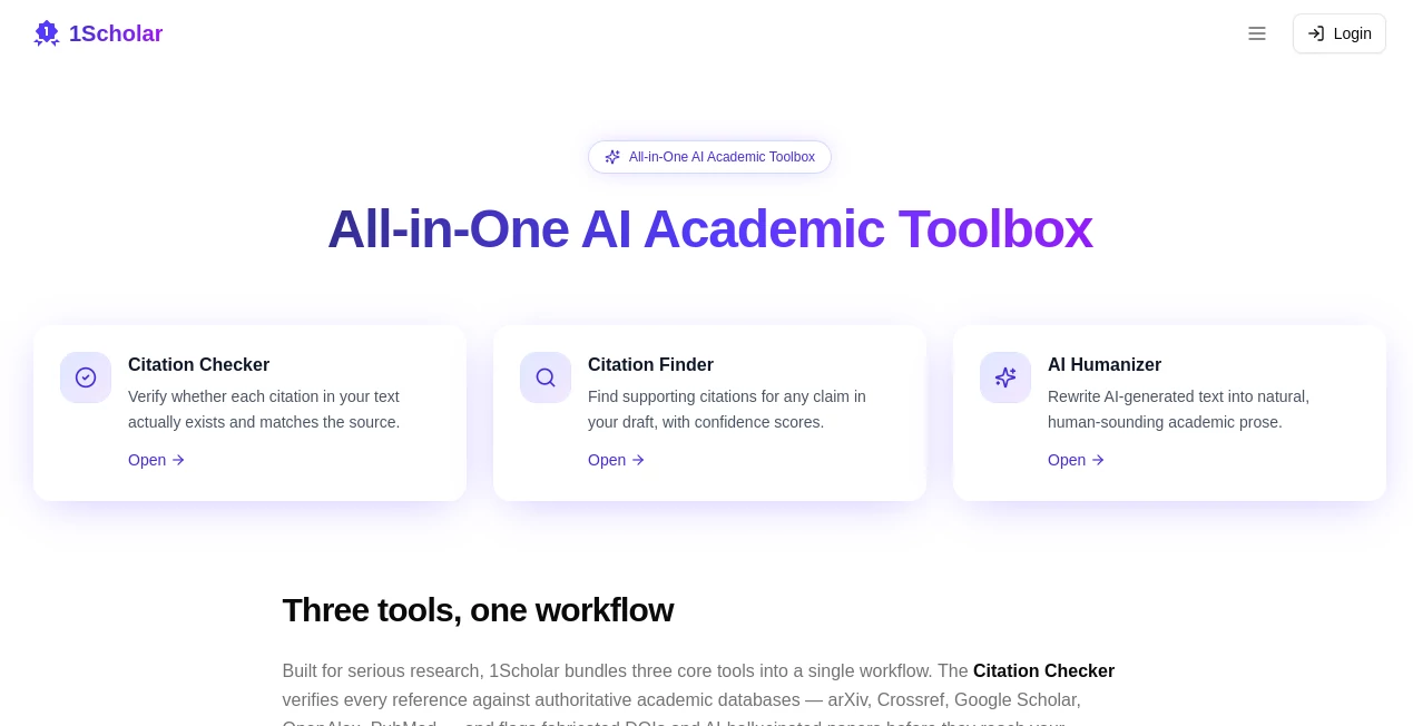 Screenshot of 1Scholar – An AI tool in the ,AI Writing Assistants ,AI Content Generator ,AI Research Tool  category, showcasing its interface and key features.