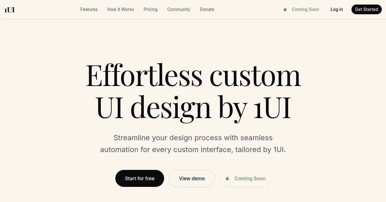 Screenshot of 1UI – An AI tool in the ,AI Landing Page Builder ,AI Design Assistant ,AI Website Designer ,AI Design Generator  category, showcasing its interface and key features.