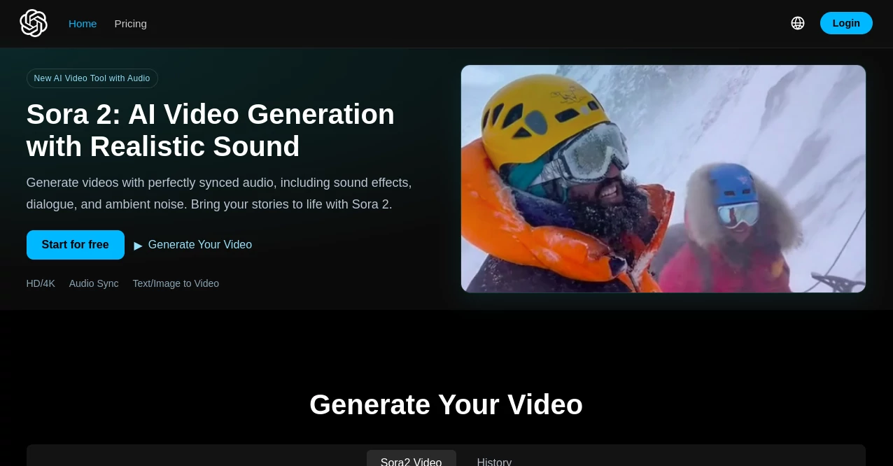 Screenshot of Sora 2 – An AI tool in the ,AI Animated Video ,AI Image to Video ,AI Video Generator ,AI Text to Video  category, showcasing its interface and key features.
