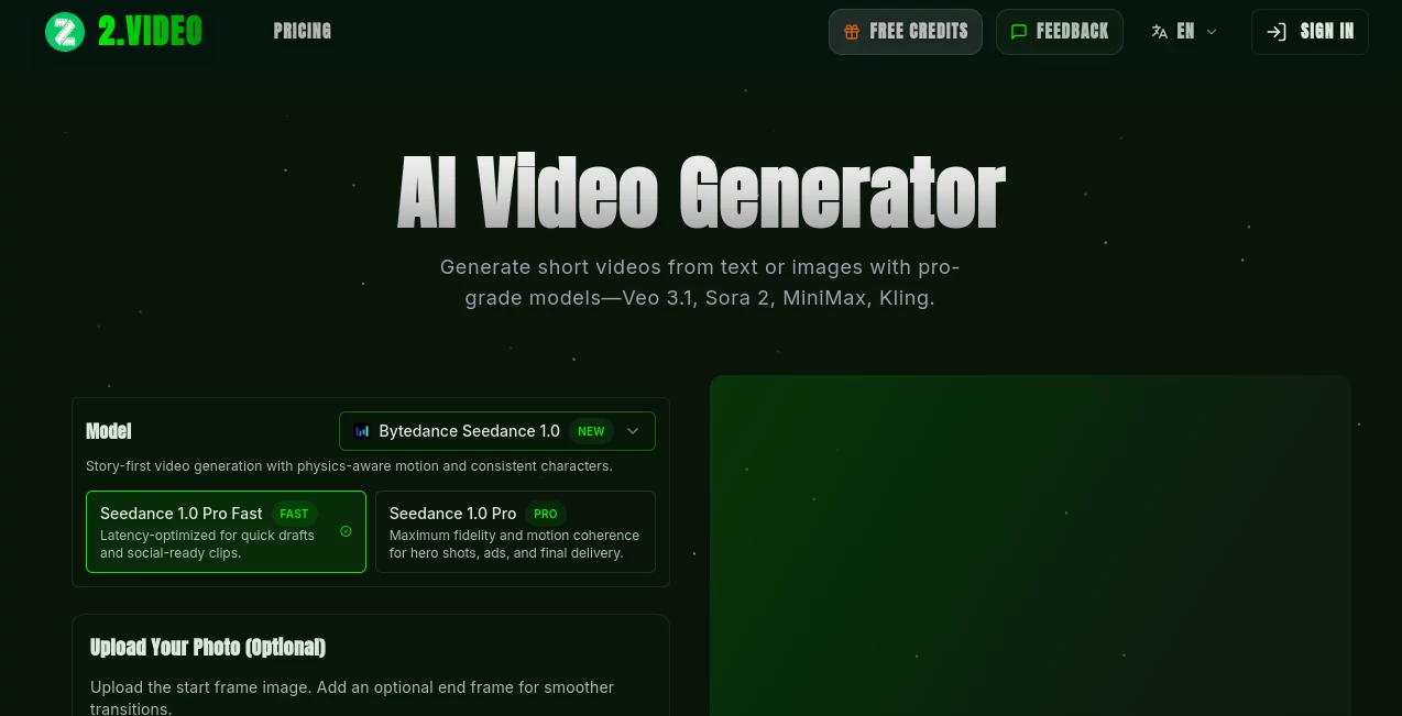 Screenshot of 2.VIDEO – An AI tool in the ,AI Animated Video ,AI Image to Video ,AI Text to Video ,AI Video Generator  category, showcasing its interface and key features.