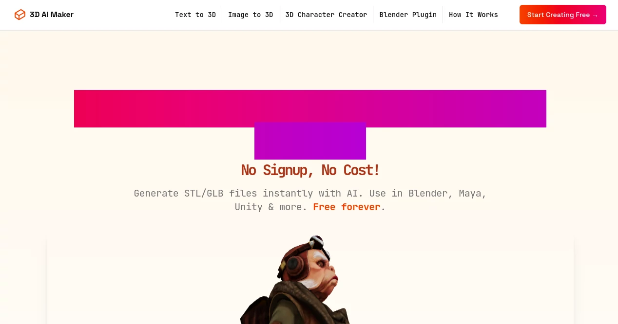 Screenshot of 3D AI Maker – An AI tool in the ,AI Game ,AI 3D Model Generator ,AI Text to 3D ,AI Image to 3D Model  category, showcasing its interface and key features.