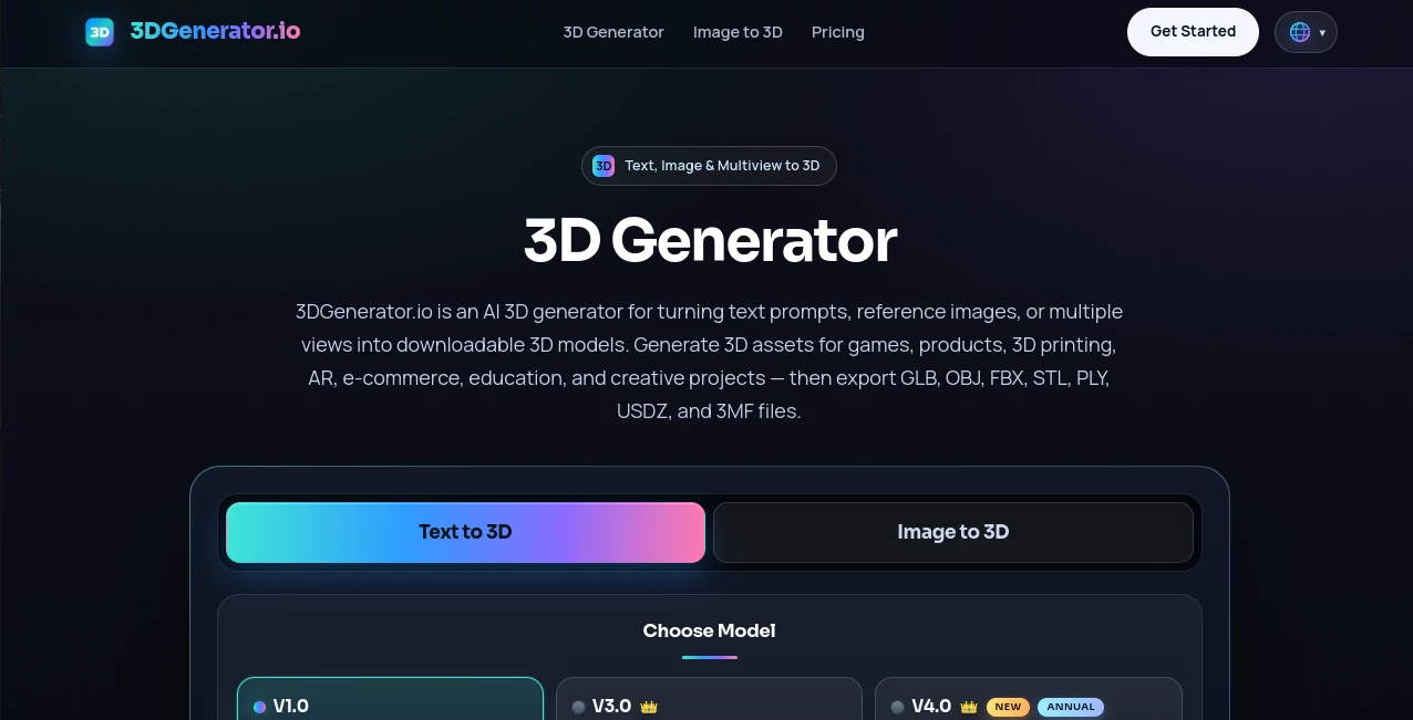 Screenshot of 3DGenerator.io – An AI tool in the ,AI 3D Model Generator ,AI Text to 3D ,AI Image to 3D Model  category, showcasing its interface and key features.