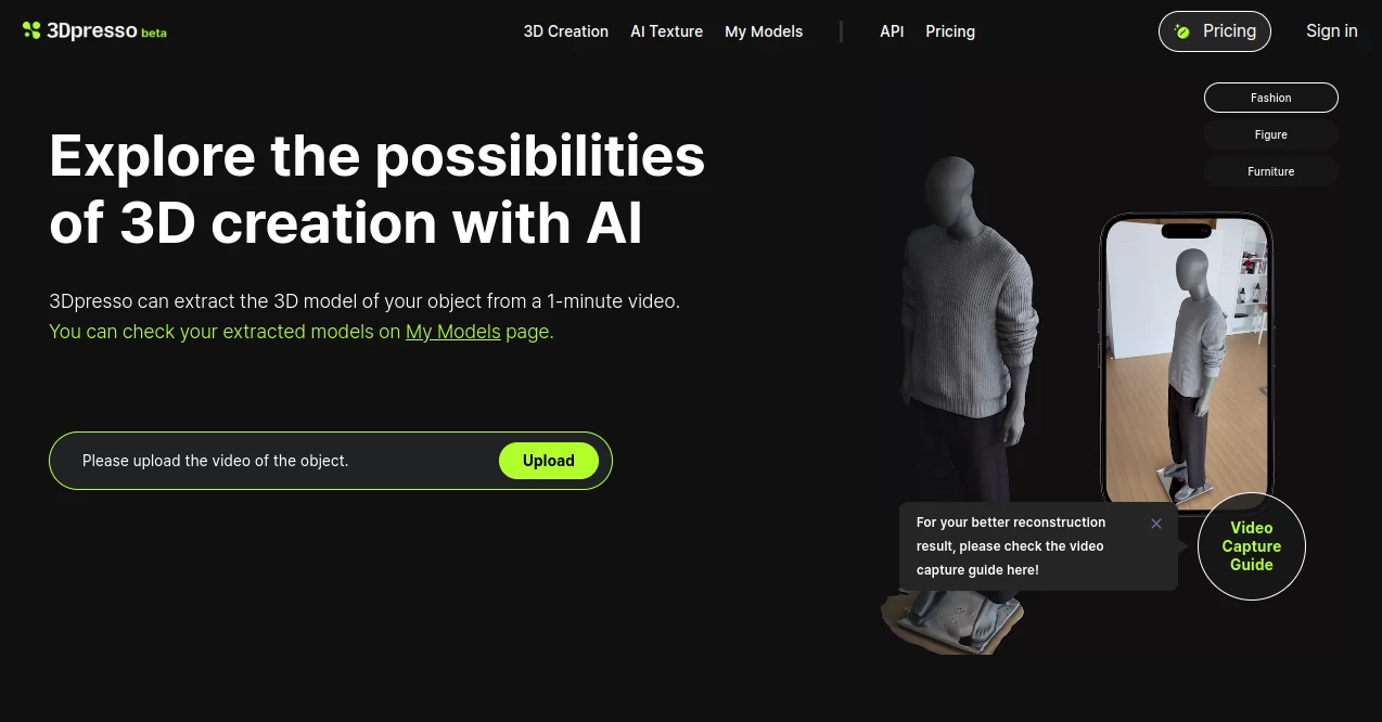 Screenshot of 3dpresso AI – An AI tool in the ,AI 3D Model Generator ,AI Text to 3D ,AI Image to 3D Model ,AI Design Generator  category, showcasing its interface and key features.