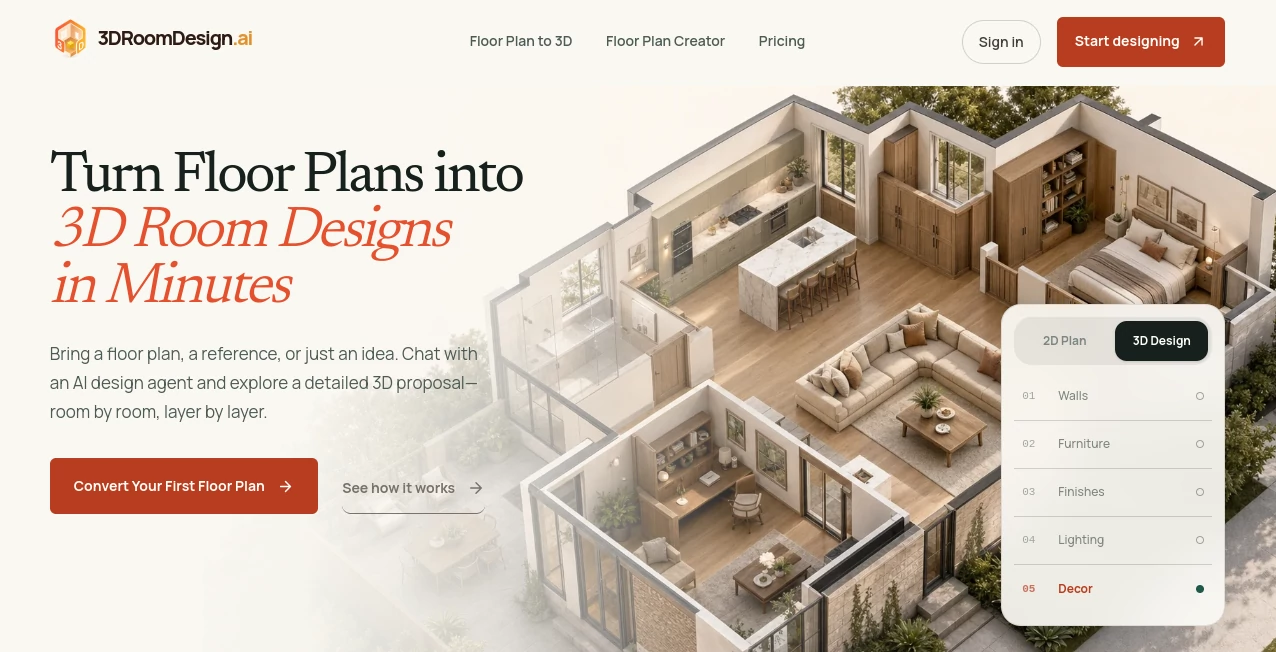 Screenshot of 3DRoomDesign.ai – An AI tool in the ,AI 3D Model Generator ,3D ,AI Design Generator ,AI Interior & Room Design  category, showcasing its interface and key features.
