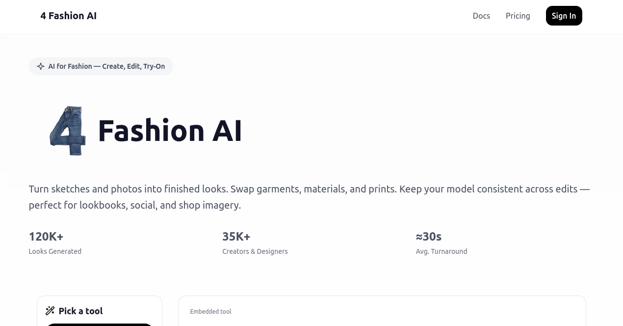 Screenshot of 4 Fashion AI – An AI tool in the ,AI Photo & Image Generator ,AI Image to Image ,AI Clothing Generator ,AI Design Generator  category, showcasing its interface and key features.