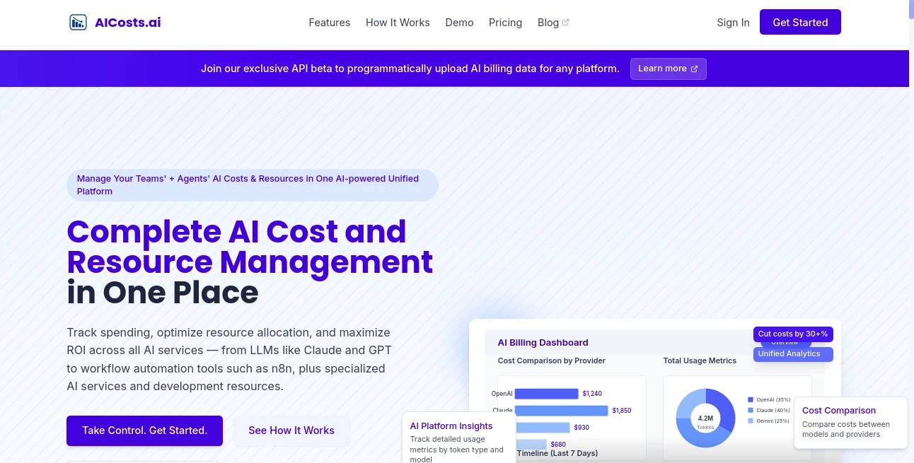 Screenshot of AICosts.ai – An AI tool in the ,AI Analytics Assistant  category, showcasing its interface and key features.