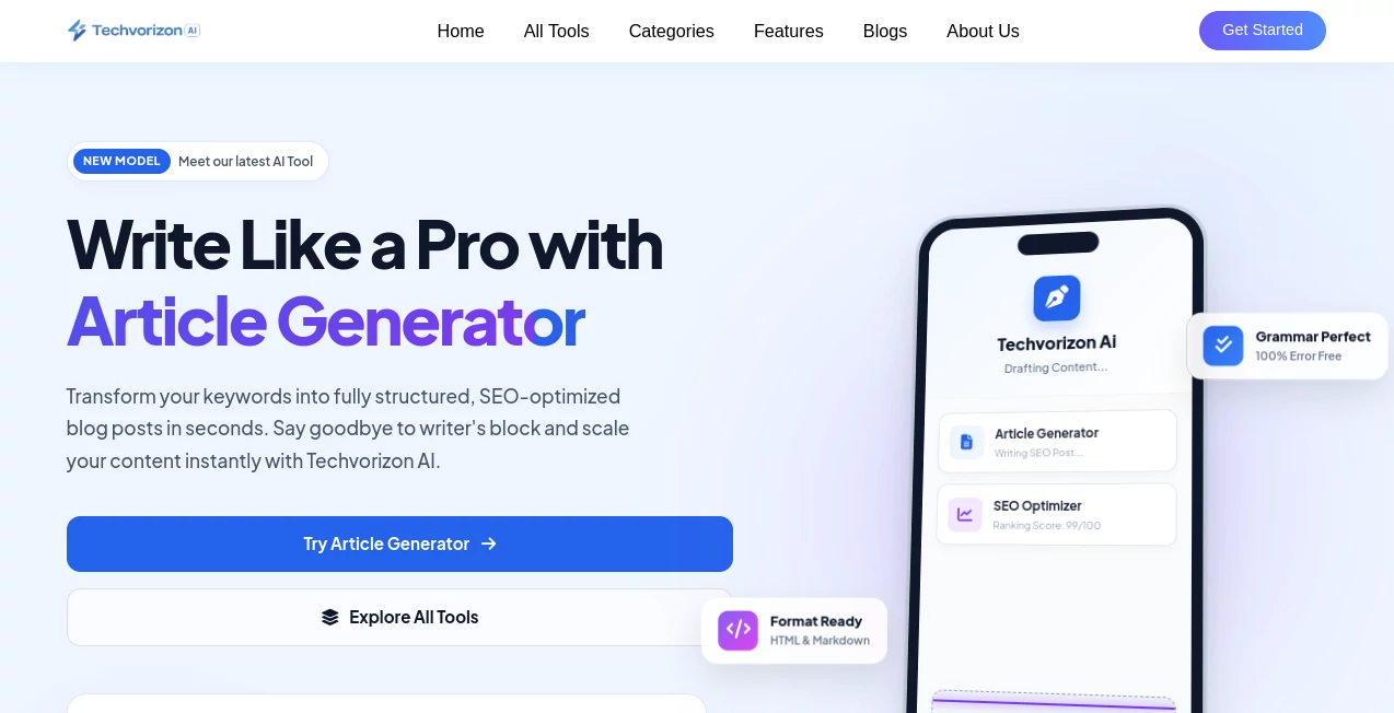 Screenshot of Techvorizon AI – An AI tool in the ,AI Writing Assistants ,AI Content Generator ,AI Marketing Plan Generator ,AI Productivity Tools  category, showcasing its interface and key features.
