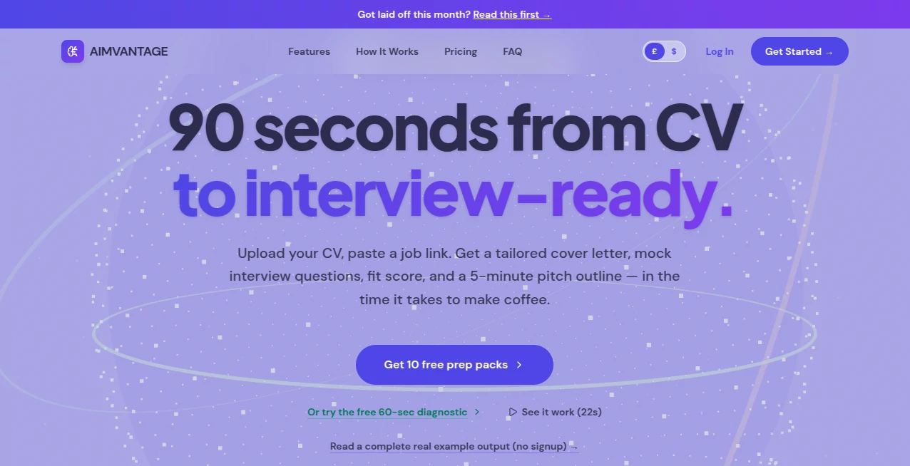 Screenshot of AimVantage – An AI tool in the ,AI Cover Letter Generator ,AI Interview Assistant ,AI Recruiting ,AI Resume Builder  category, showcasing its interface and key features.