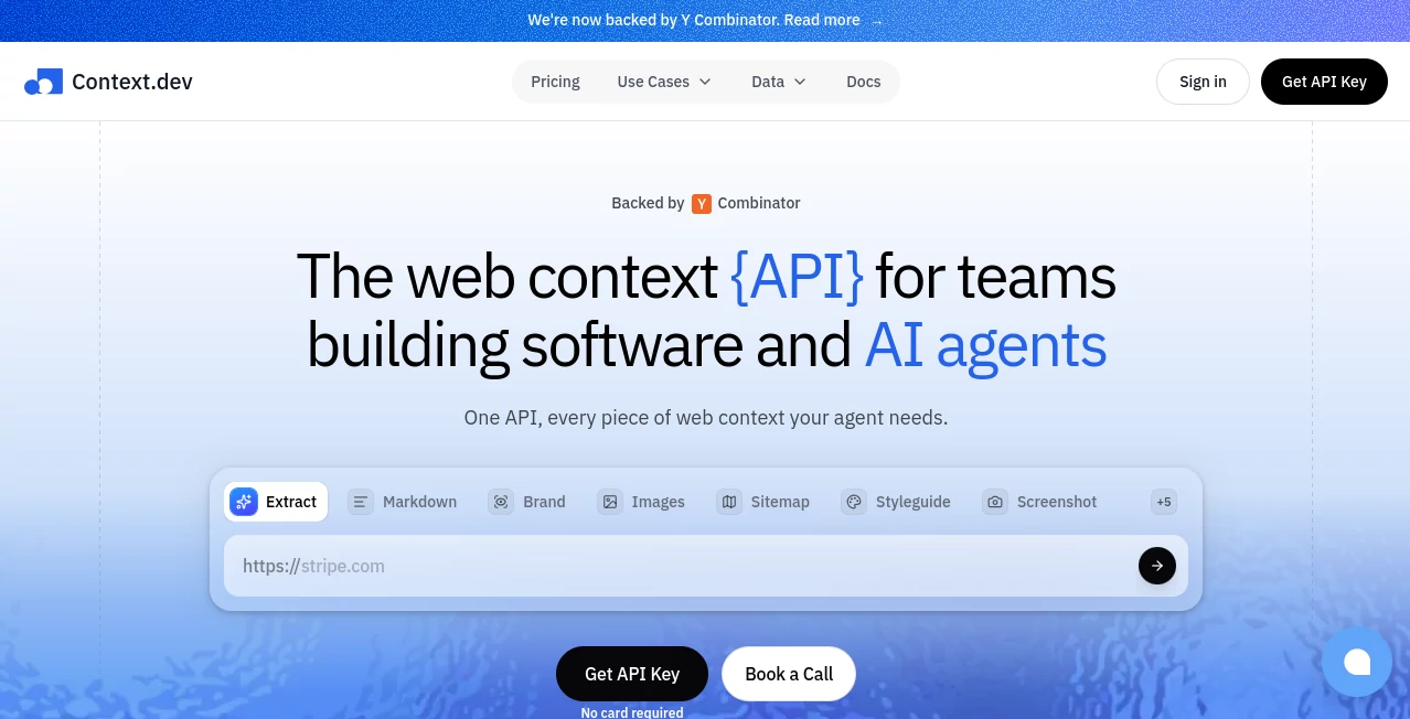 Screenshot of Context.dev – An AI tool in the ,AI Code Assistant ,AI API Design ,AI Developer Tools ,Large Language Models (LLMs)  category, showcasing its interface and key features.