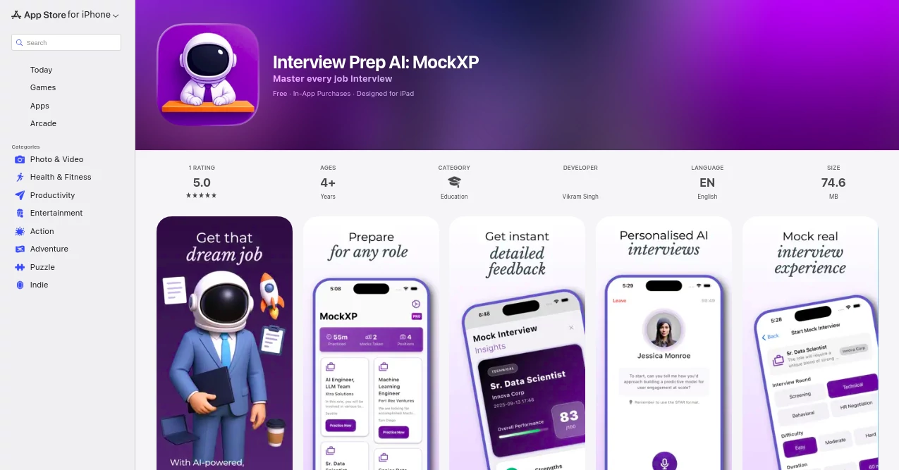 Screenshot of Interview Prep AI: MockXP – An AI tool in the ,AI Life Assistant ,AI Coaching ,AI Recruiting ,AI Interview Assistant  category, showcasing its interface and key features.