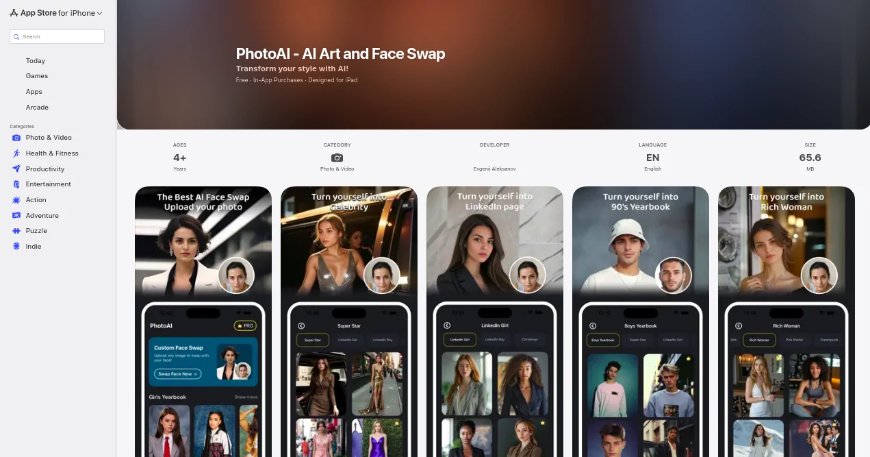Screenshot of PhotoAI – An AI tool in the ,Photo & Image Editor ,AI Art Generator ,AI Face Swap Generator  category, showcasing its interface and key features.
