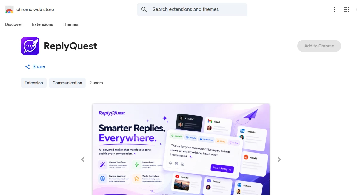 Screenshot of ReplyQuest – An AI tool in the ,AI Reply Assistant ,AI Social Media Assistant ,AI Customer Service Assistant ,AI Productivity Tools  category, showcasing its interface and key features.