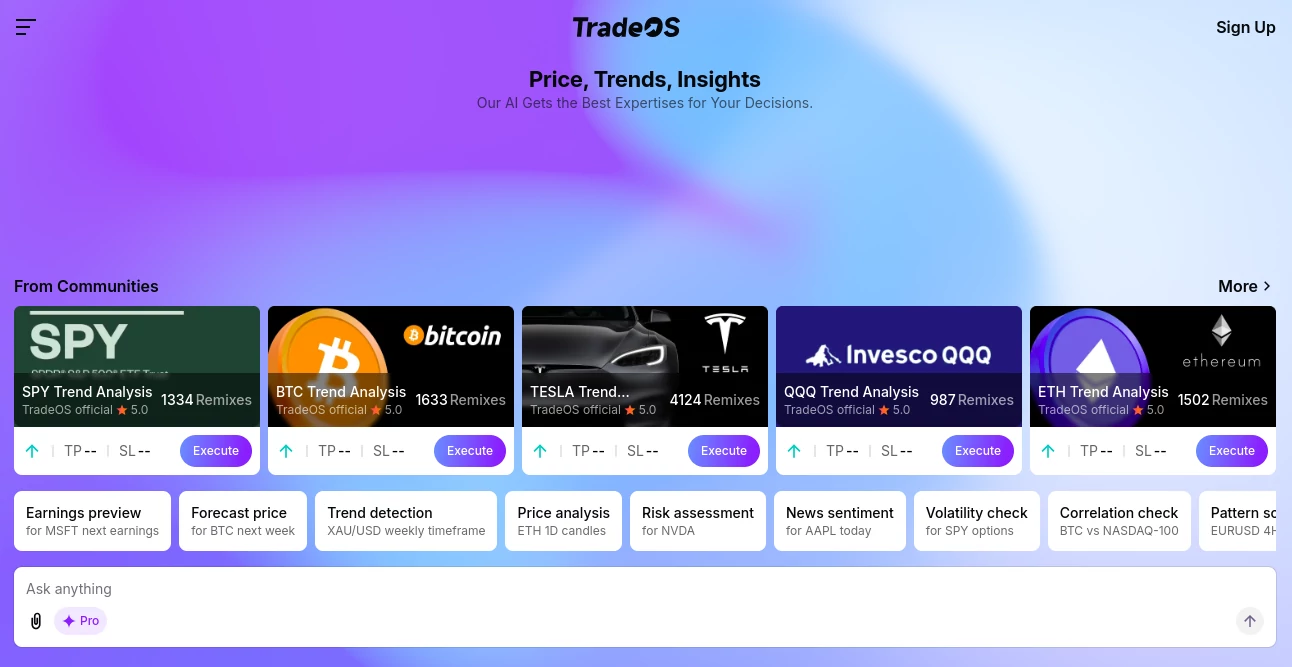 Screenshot of TradeOSAI – An AI tool in the ,AI Investing Assistant ,AI Research Tool ,AI Analytics Assistant ,AI Trading Bot Assistant  category, showcasing its interface and key features.