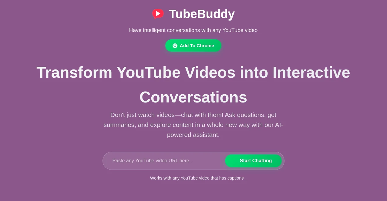 Screenshot of TubeBuddy - Summarize & chat with youtube videos – An AI tool in the ,AI YouTube Assistant  category, showcasing its interface and key features.