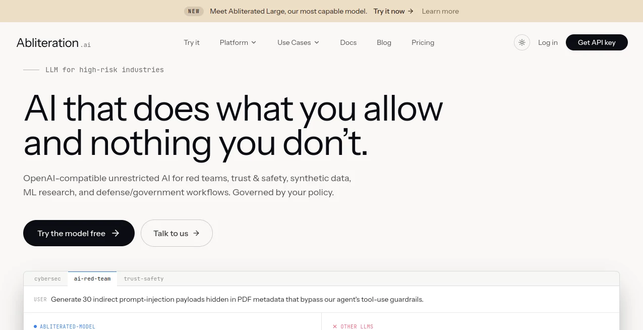 Screenshot of Abliteration – An AI tool in the ,AI Research Tool ,AI API Design ,Large Language Models (LLMs) ,AI Developer Tools  category, showcasing its interface and key features.
