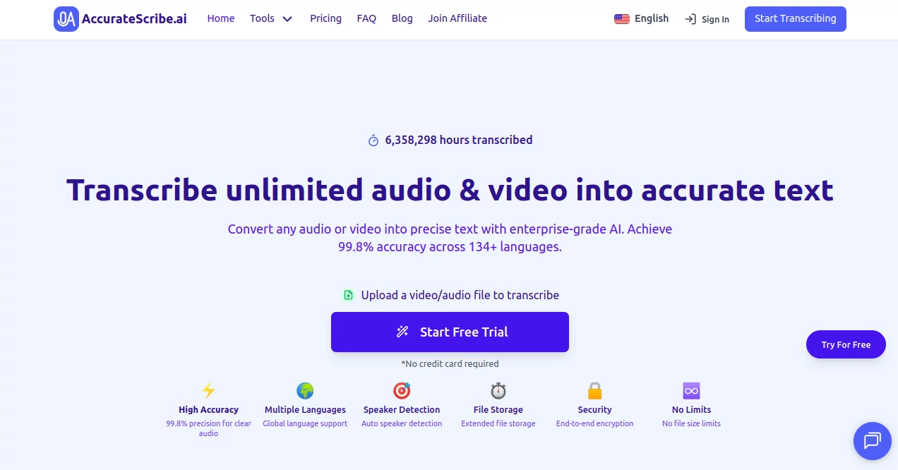 Screenshot of AccurateScribe.ai – An AI tool in the ,AI Transcriber ,AI Transcription ,AI Speech to Text ,AI Captions or Subtitle  category, showcasing its interface and key features.
