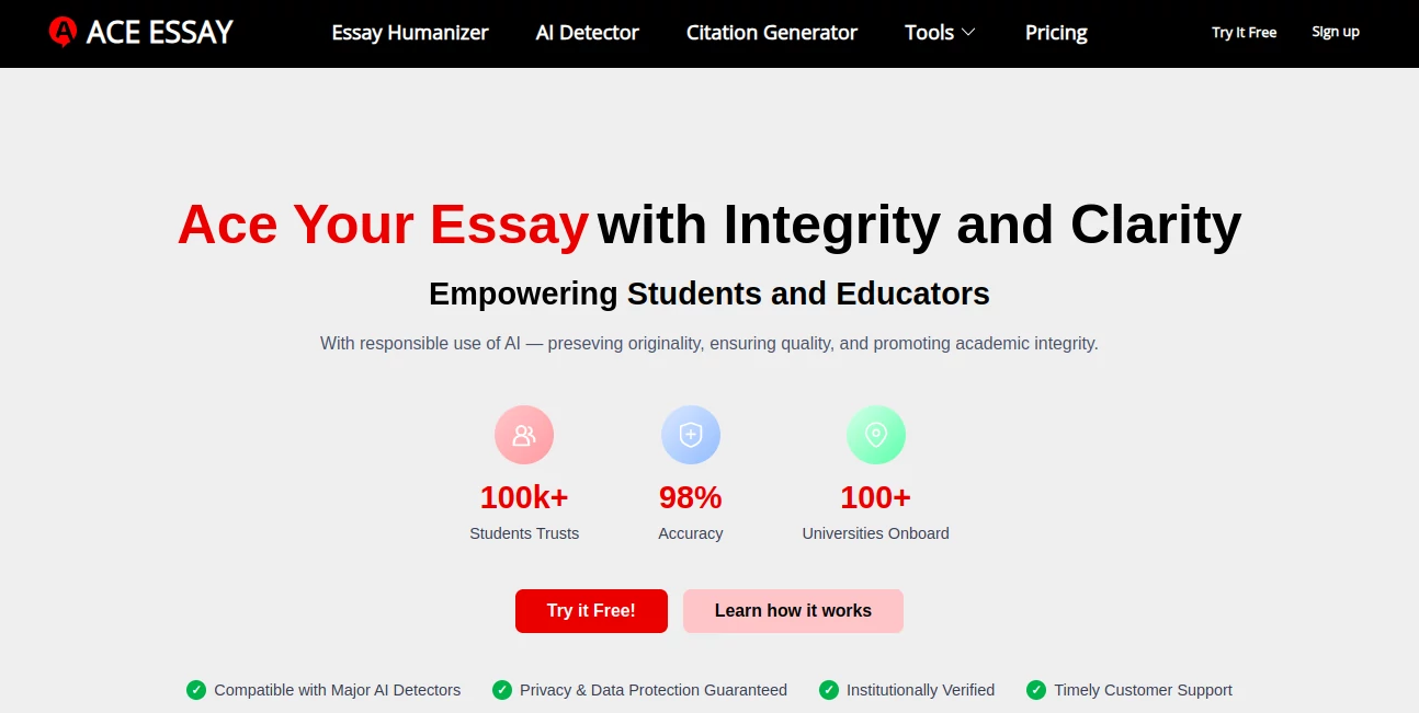 Screenshot of ACE ESSAY – An AI tool in the ,AI Essay Writer ,AI Summarizer ,AI Grammar Checker ,AI Plagiarism Checker  category, showcasing its interface and key features.