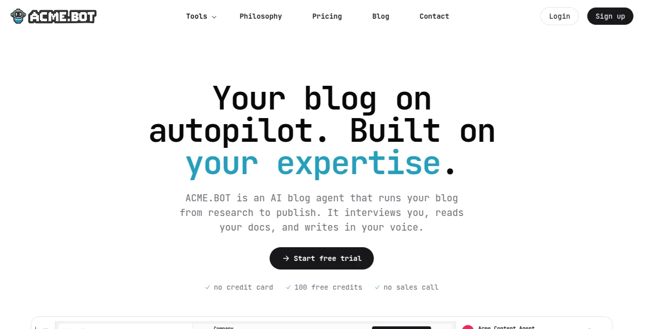 Screenshot of ACME.BOT – An AI tool in the ,AI Blog Writer ,AI Content Generator ,AI SEO Assistant ,AI Writing Assistants  category, showcasing its interface and key features.