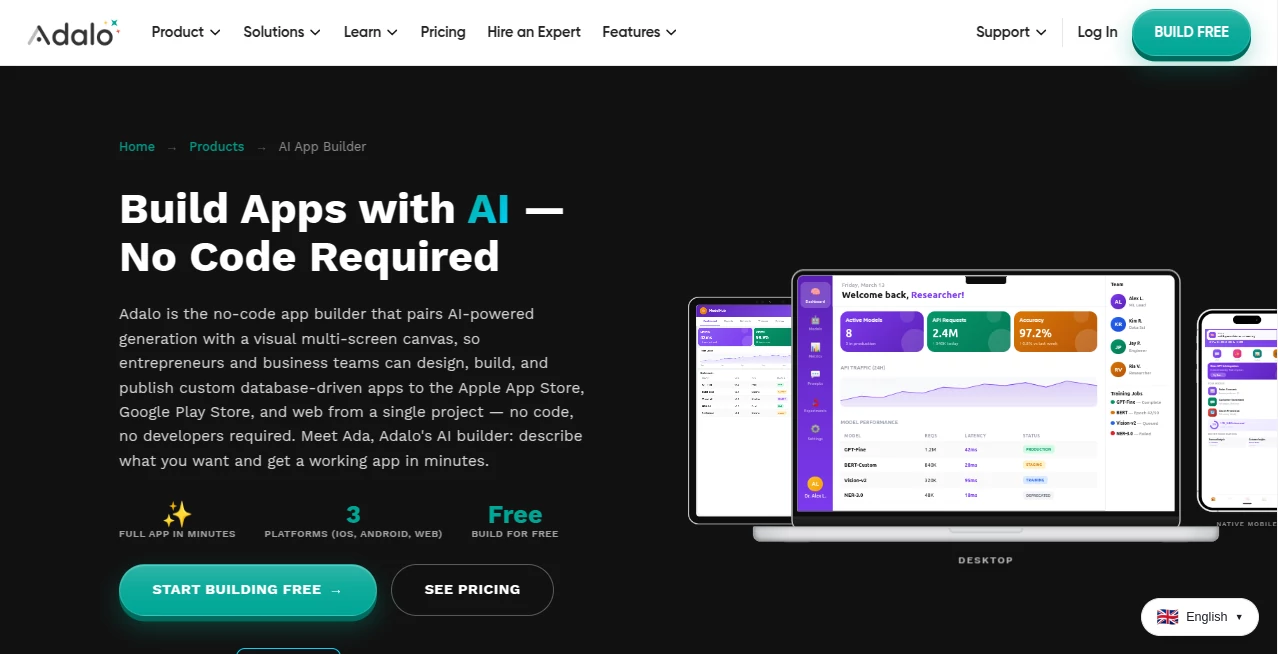 Screenshot of Adalo AI App Builder – An AI tool in the ,AI No-Code & Low-Code ,AI App Builder  category, showcasing its interface and key features.