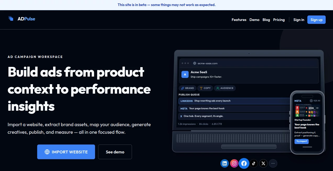 Screenshot of AdPulse Studio – An AI tool in the ,AI Advertising Assistant ,AI Analytics Assistant ,AI Ad Creative Assistant ,Marketing  category, showcasing its interface and key features.