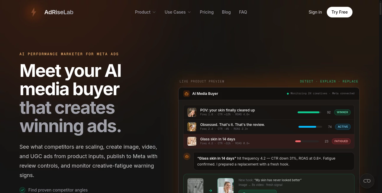 Screenshot of AdRiseLab – An AI tool in the ,AI Ad Creative Assistant ,AI Ad Generator ,AI Analytics Assistant ,AI Advertising Assistant  category, showcasing its interface and key features.