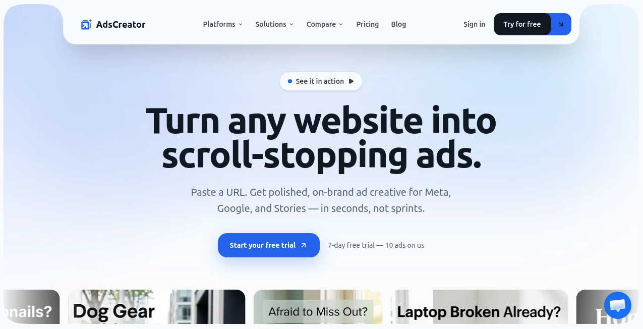Screenshot of AdsCreator – An AI tool in the ,AI Ad Creative Assistant ,AI Ad Generator ,AI Marketing Plan Generator ,AI Advertising Assistant  category, showcasing its interface and key features.