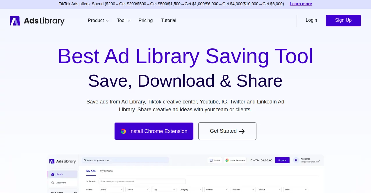 Screenshot of Ads Library AI – An AI tool in the ,AI Ad Creative Assistant ,AI Social Media Assistant ,AI Research Tool ,AI Analytics Assistant  category, showcasing its interface and key features.
