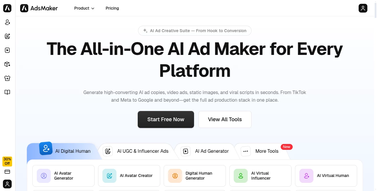 Screenshot of Adsmaker AI – An AI tool in the ,AI Advertising Assistant ,AI Ad Creative Assistant ,AI Ad Generator ,AI Digital Marketing Generator  category, showcasing its interface and key features.
