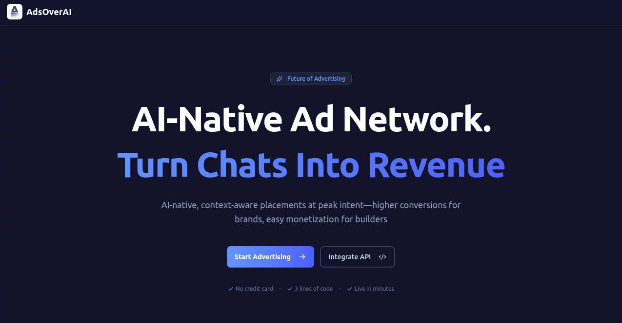 Screenshot of AdsOverAi – An AI tool in the ,AI Advertising Assistant ,AI Ad Creative Assistant ,AI Ad Generator ,AI Digital Marketing Generator  category, showcasing its interface and key features.