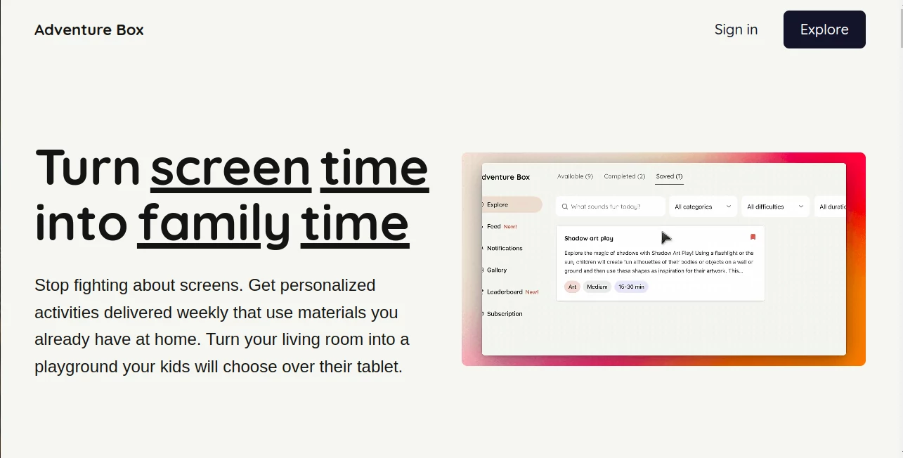 Screenshot of Adventure Box – An AI tool in the ,AI Life Assistant ,AI Fun Tools ,AI Game ,AI Coaching  category, showcasing its interface and key features.