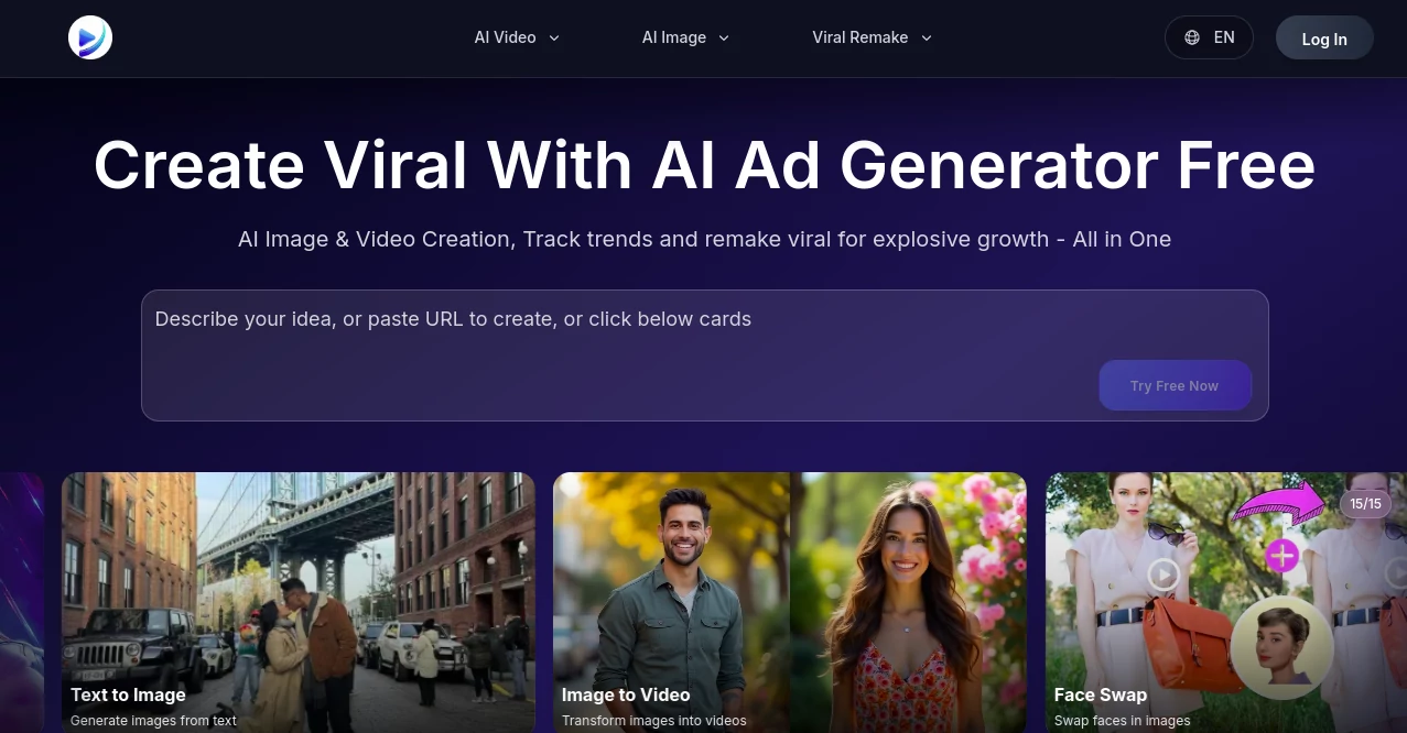 Screenshot of AdVidAI – An AI tool in the ,AI Photo & Image Generator ,AI Ad Generator ,AI Video Editor ,AI Video Generator  category, showcasing its interface and key features.