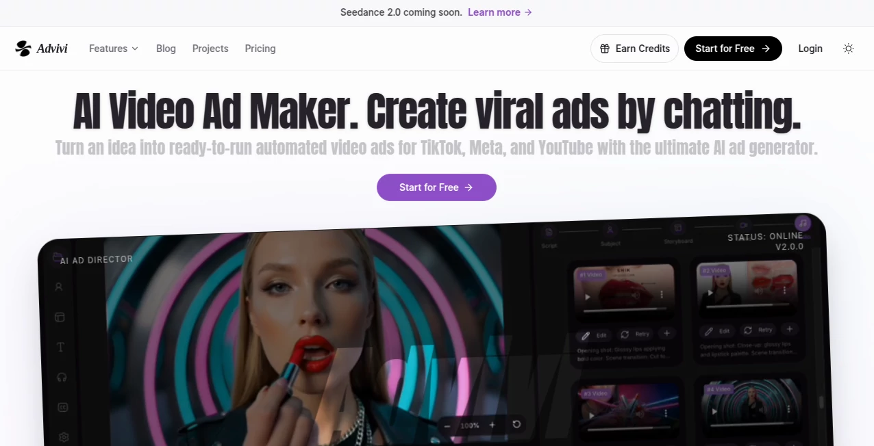 Screenshot of Advivi – An AI tool in the ,AI Video Generator ,AI Social Media Assistant ,AI Ad Generator ,AI Marketing Plan Generator  category, showcasing its interface and key features.