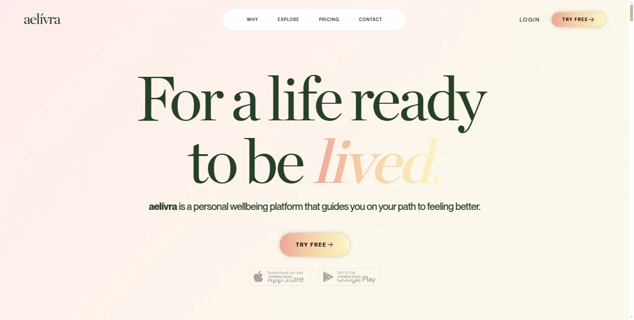Screenshot of aelívra – An AI tool in the ,AI Fitness ,AI Mental Health ,AI Healthcare  category, showcasing its interface and key features.