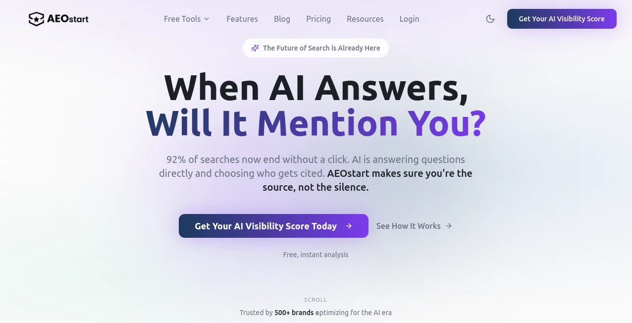 Screenshot of AEOstart – An AI tool in the ,AI SEO Assistant ,AI Marketing Plan Generator ,AI Research Tool ,AI Analytics Assistant  category, showcasing its interface and key features.