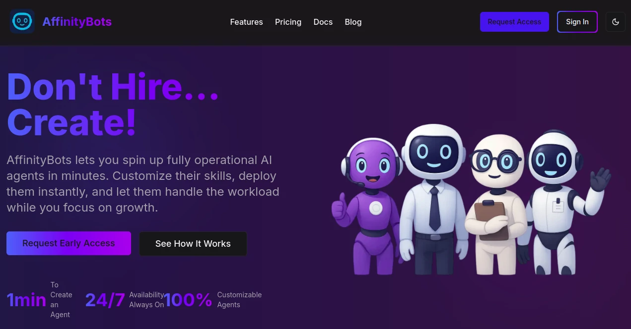 Screenshot of AffinityBots – An AI tool in the ,AI Workflow Management ,AI Customer Service Assistant ,AI Task Management ,AI Chatbot  category, showcasing its interface and key features.