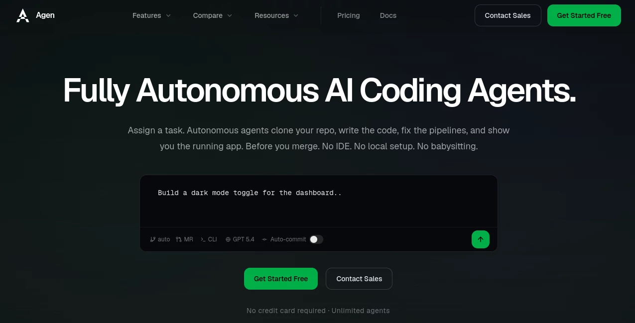 Screenshot of Agen – An AI tool in the ,AI DevOps Assistant ,AI Code Assistant ,AI Testing & QA ,AI Developer Tools  category, showcasing its interface and key features.