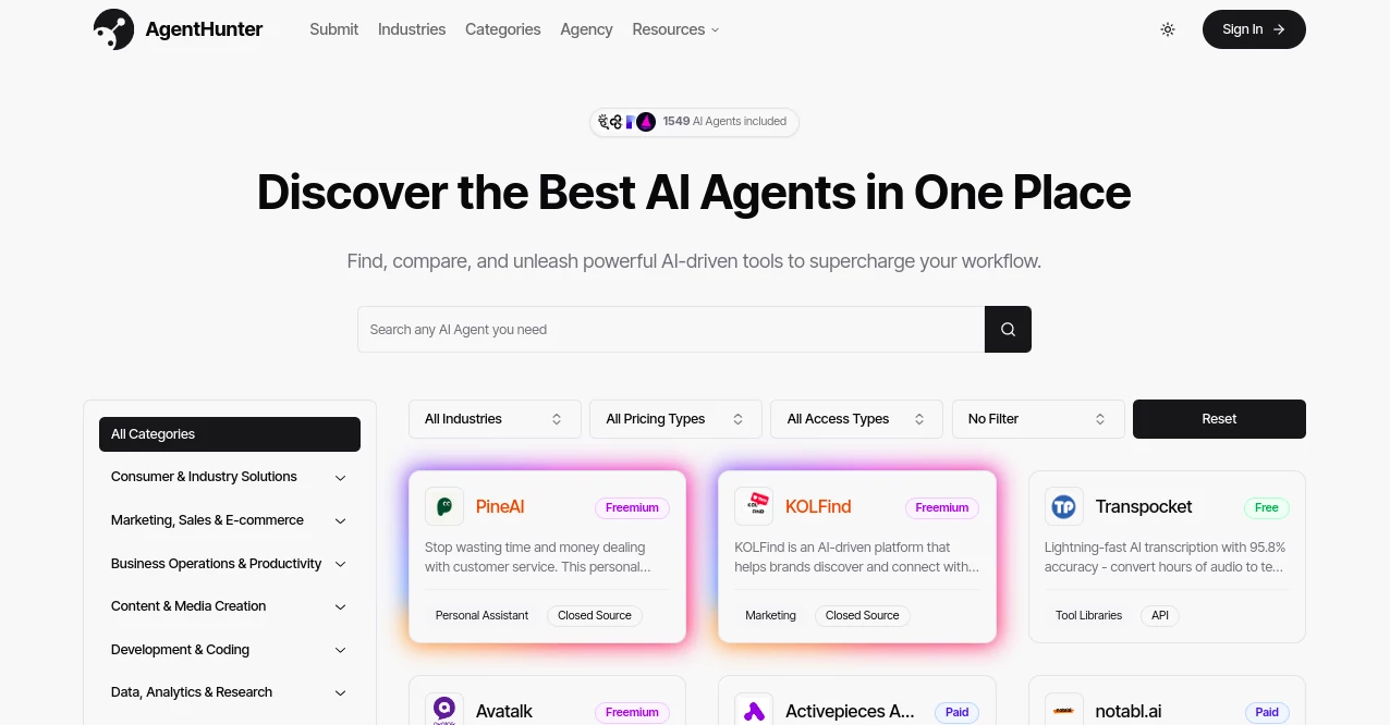 Screenshot of AgentHunter – An AI tool in the ,AI Tools Directory  category, showcasing its interface and key features.