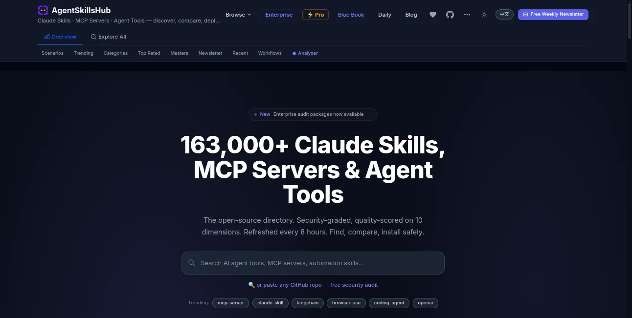 Screenshot of AgentSkillsHub – An AI tool in the ,AI Workflow Management ,AI Developer Docs ,AI Developer Tools ,AI Tools Directory  category, showcasing its interface and key features.