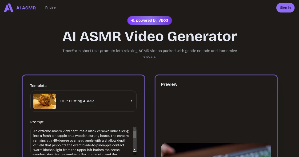 Screenshot of AI ASMR – An AI tool in the ,AI Video Generator ,AI Music Generator ,AI Voice & Audio Editing  category, showcasing its interface and key features.