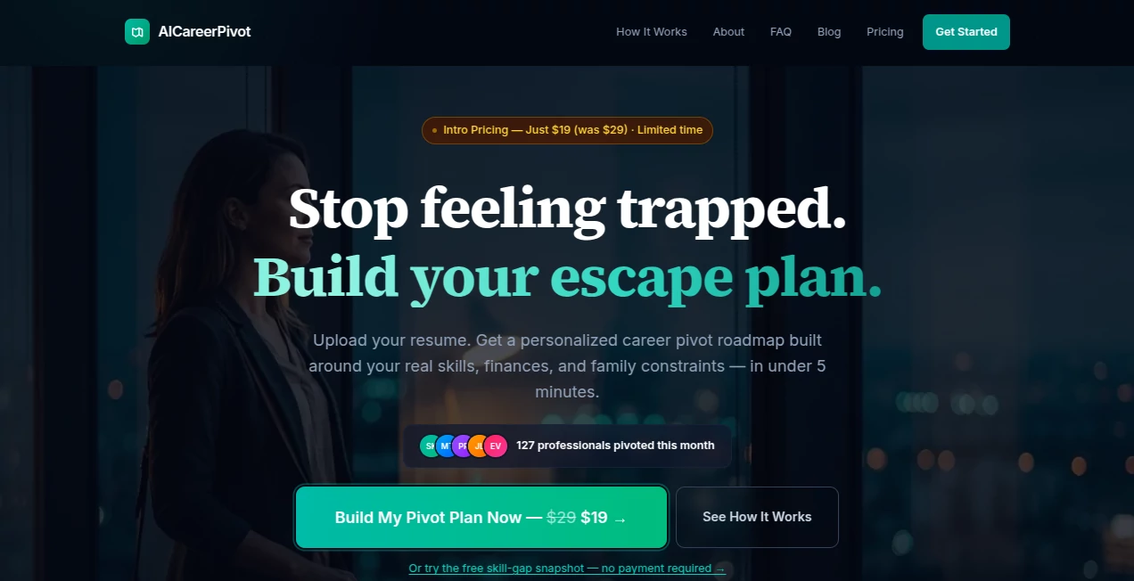 Screenshot of AICareerPivot – An AI tool in the ,AI Life Assistant ,AI Roadmap Generator ,AI Coaching  category, showcasing its interface and key features.
