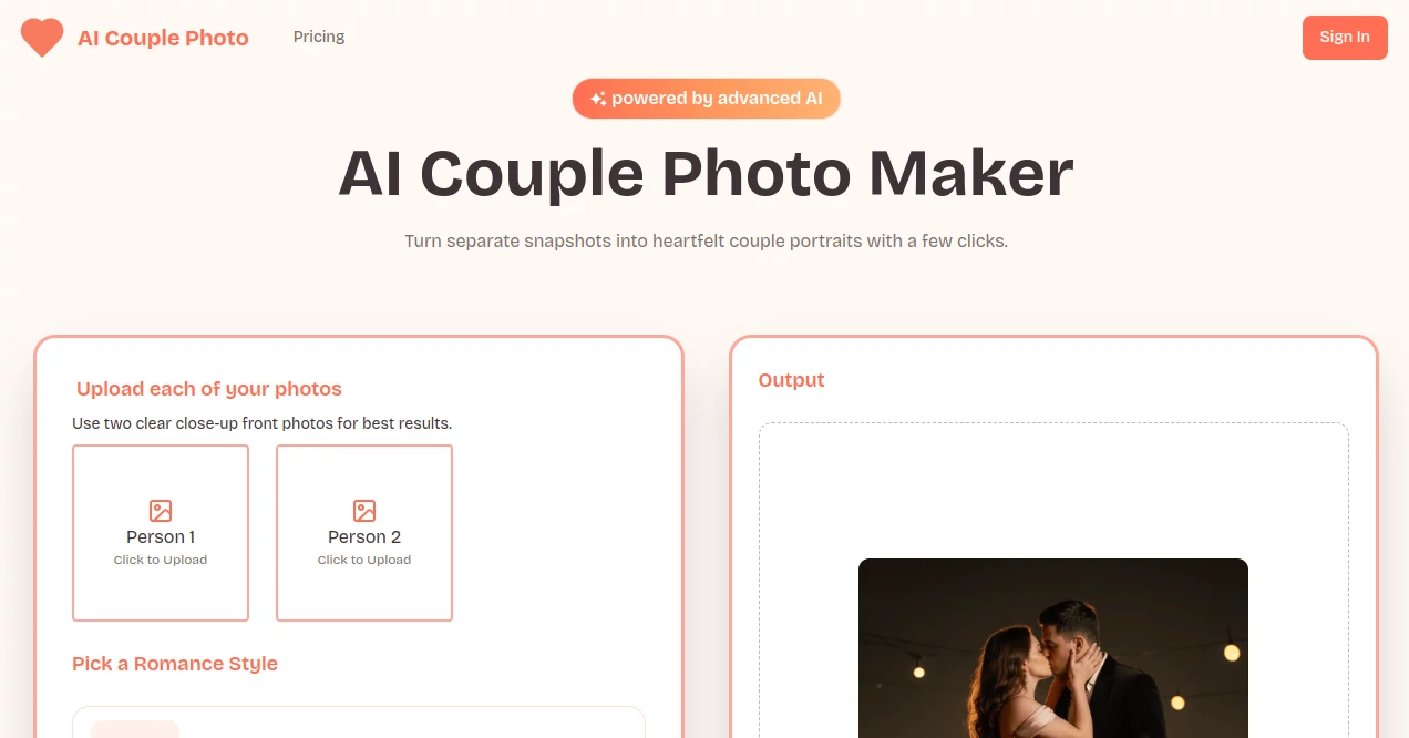 Screenshot of AI Couple Photo – An AI tool in the ,AI Photo & Image Generator ,Photo & Image Editor ,AI Selfie & Portrait ,AI Avatar Generator  category, showcasing its interface and key features.