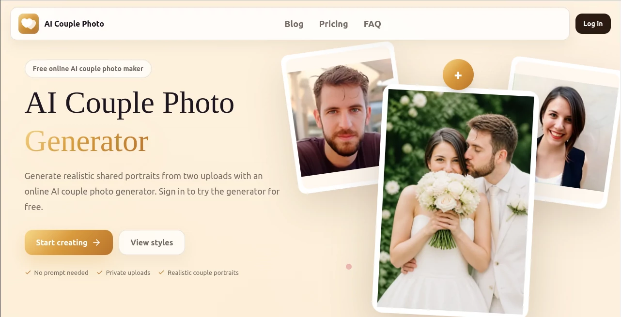 Screenshot of AI Couple Photo – An AI tool in the ,AI Photo & Image Generator ,Photo & Image Editor ,AI Selfie & Portrait ,AI Image to Image  category, showcasing its interface and key features.