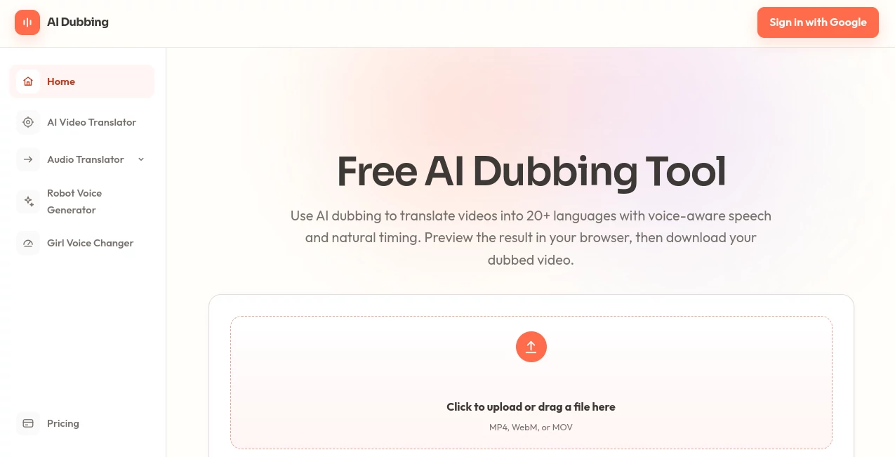Screenshot of AI Dubbing – An AI tool in the ,AI Video to Video ,AI Translate ,AI Speech Recognition ,AI Speech Synthesis  category, showcasing its interface and key features.