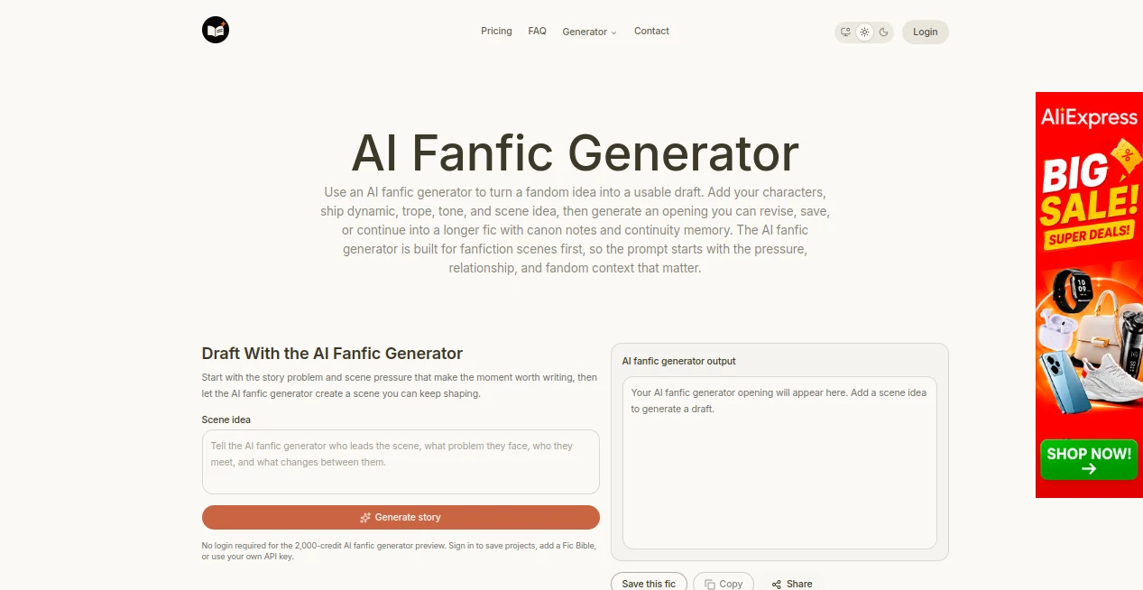 Screenshot of AI Fanfic Generator – An AI tool in the ,AI Story Writing ,Text & Writing  category, showcasing its interface and key features.