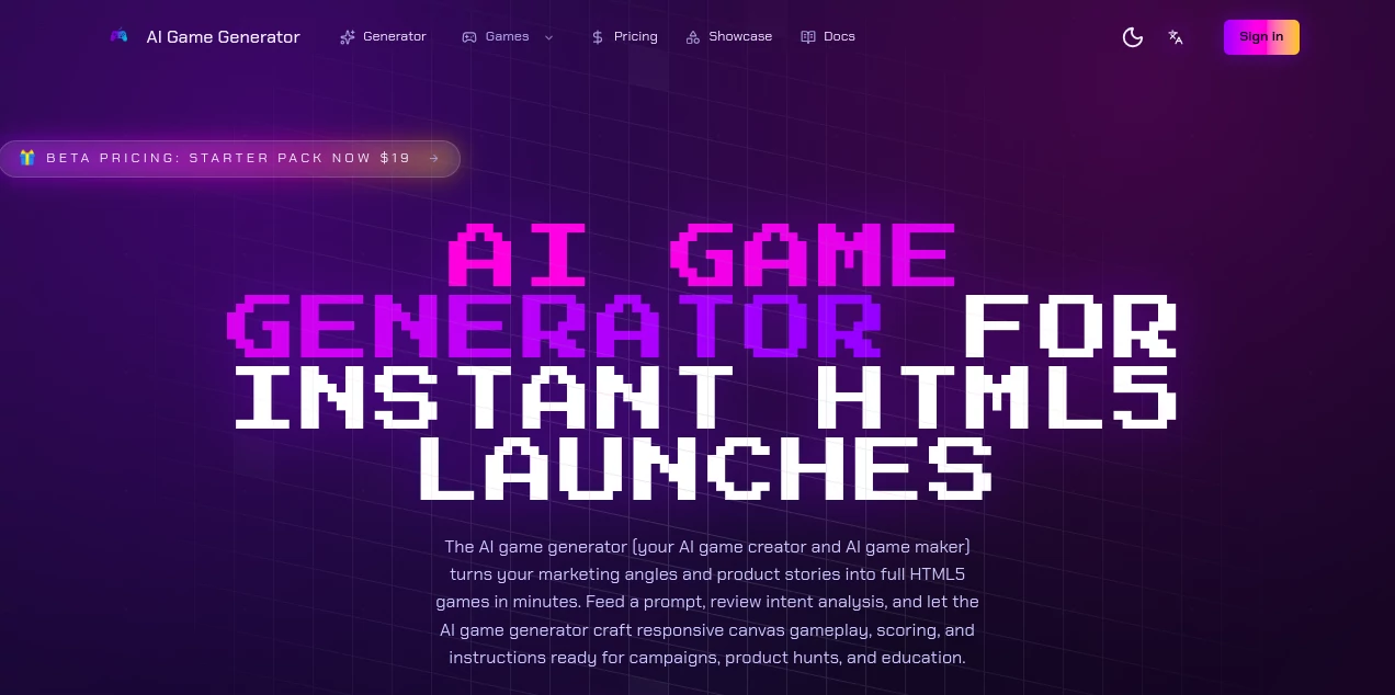 Screenshot of AI Game Generator – An AI tool in the ,AI Game ,AI App Builder ,AI No-Code & Low-Code ,AI Developer Tools  category, showcasing its interface and key features.