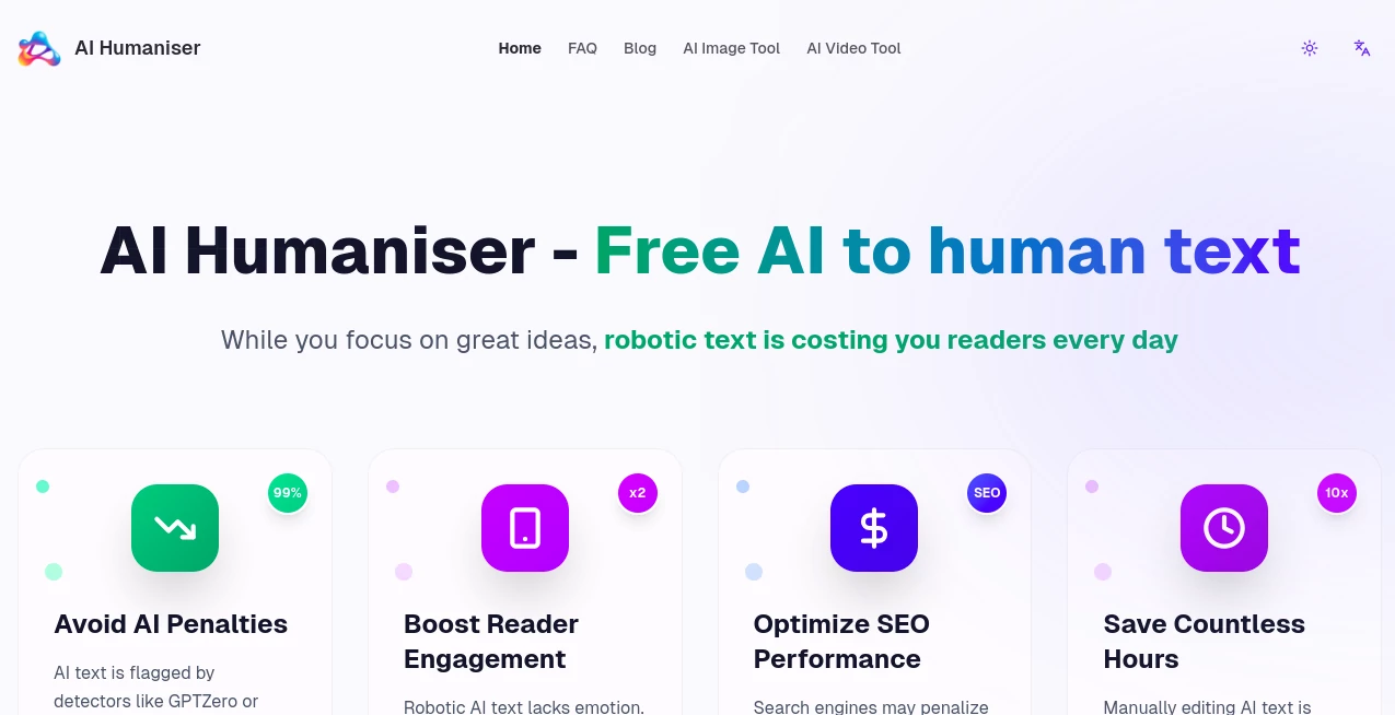 Screenshot of AI Humaniser – An AI tool in the ,AI Rewriter ,AI Content Generator ,AI Plagiarism Checker ,AI Grammar Checker  category, showcasing its interface and key features.
