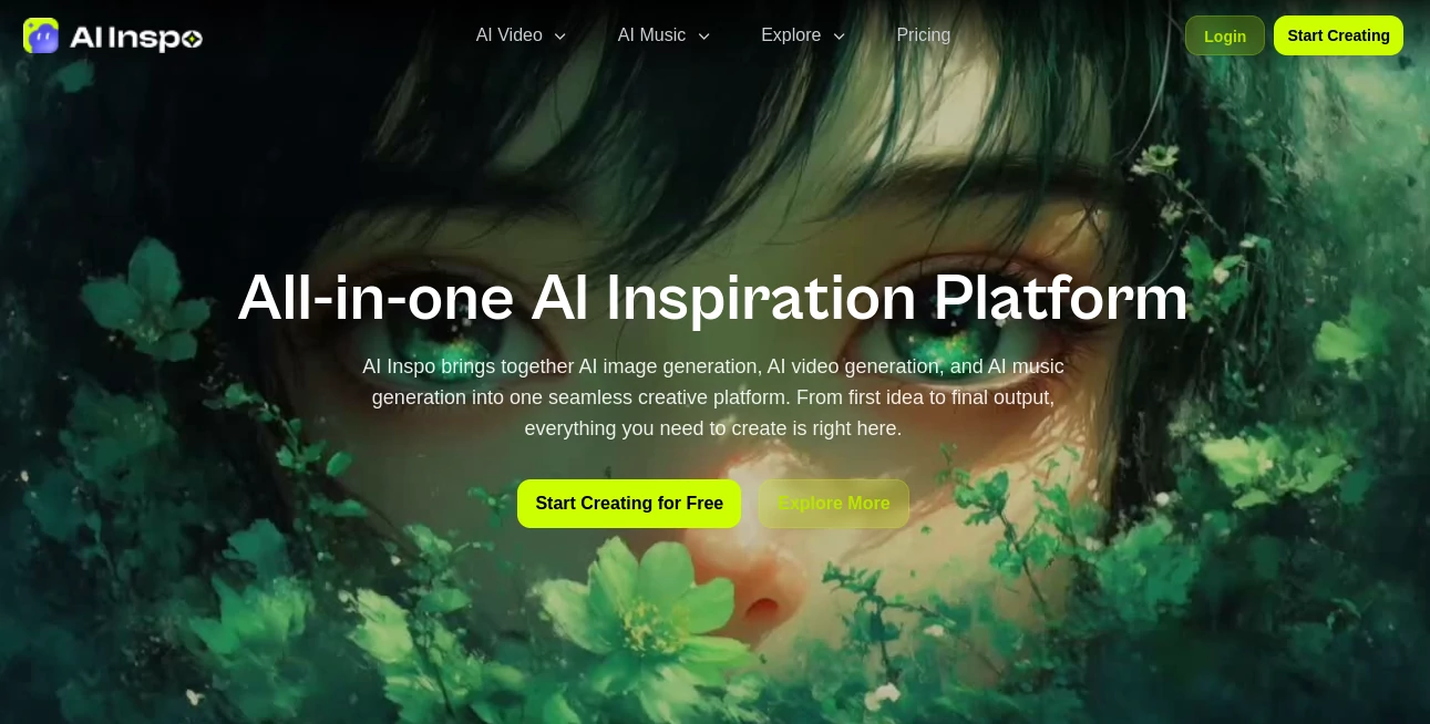 Screenshot of AI Inspo – An AI tool in the ,AI Video Generator ,AI Music Generator ,AI Art Generator ,AI Design Generator  category, showcasing its interface and key features.