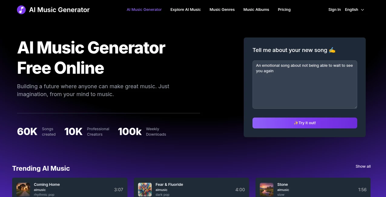 Screenshot of AI Music Generator – An AI tool in the ,AI Lyrics Generator ,AI Music Generator ,AI Text to Music  category, showcasing its interface and key features.