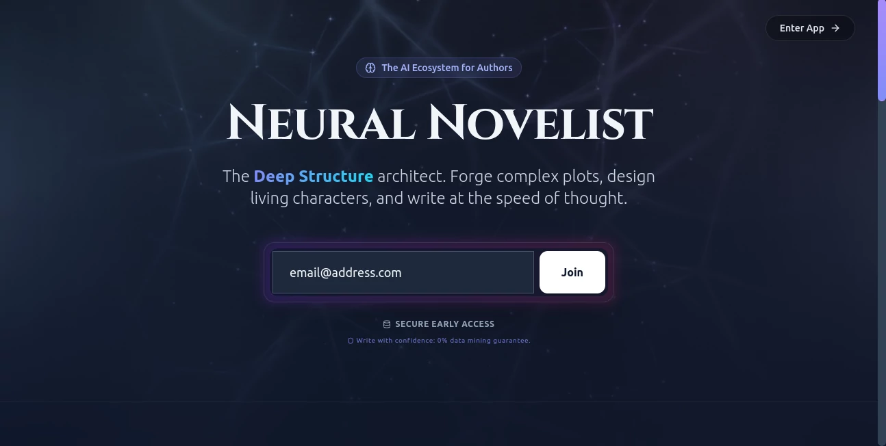 Screenshot of Neural Novelist – An AI tool in the ,AI Story Writing ,AI Book Writing ,AI Creative Writing ,AI Novel  category, showcasing its interface and key features.